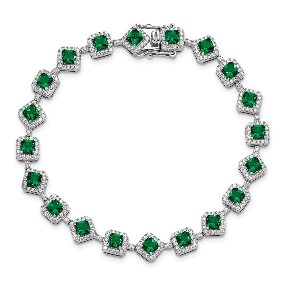 Sterling Silver Cheryl M Rhodium Plated Fancy CZ & Green Glass Bracelet