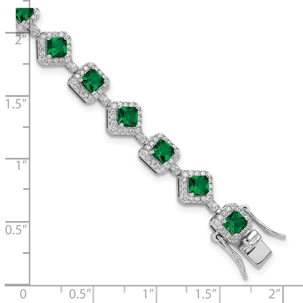 Sterling Silver Cheryl M Rhodium Plated Fancy CZ & Green Glass Bracelet