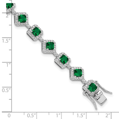Sterling Silver Cheryl M Rhodium Plated Fancy CZ & Green Glass Bracelet