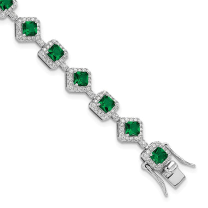 Sterling Silver Cheryl M Rhodium Plated Fancy CZ & Green Glass Bracelet