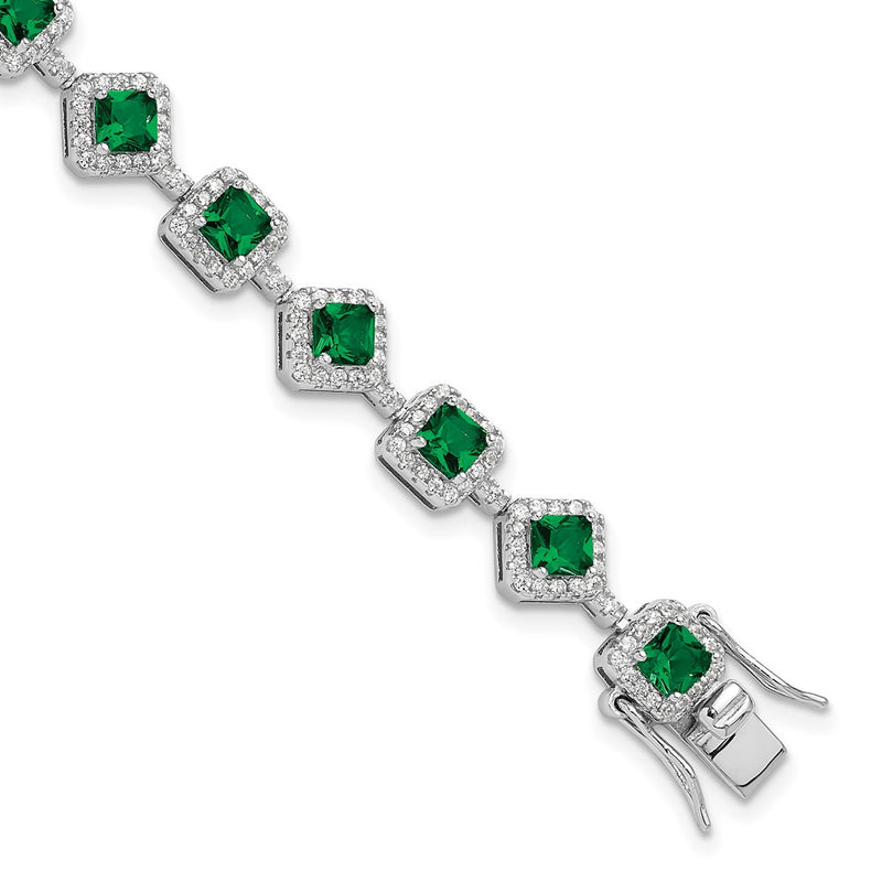 Sterling Silver Cheryl M Rhodium Plated Fancy CZ & Green Glass Bracelet