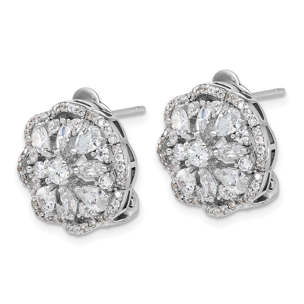 Sterling Silver Cheryl M Rhodium Plated CZ Flower Post Omega Earrings
