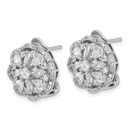 Sterling Silver Cheryl M Rhodium Plated CZ Flower Post Omega Earrings