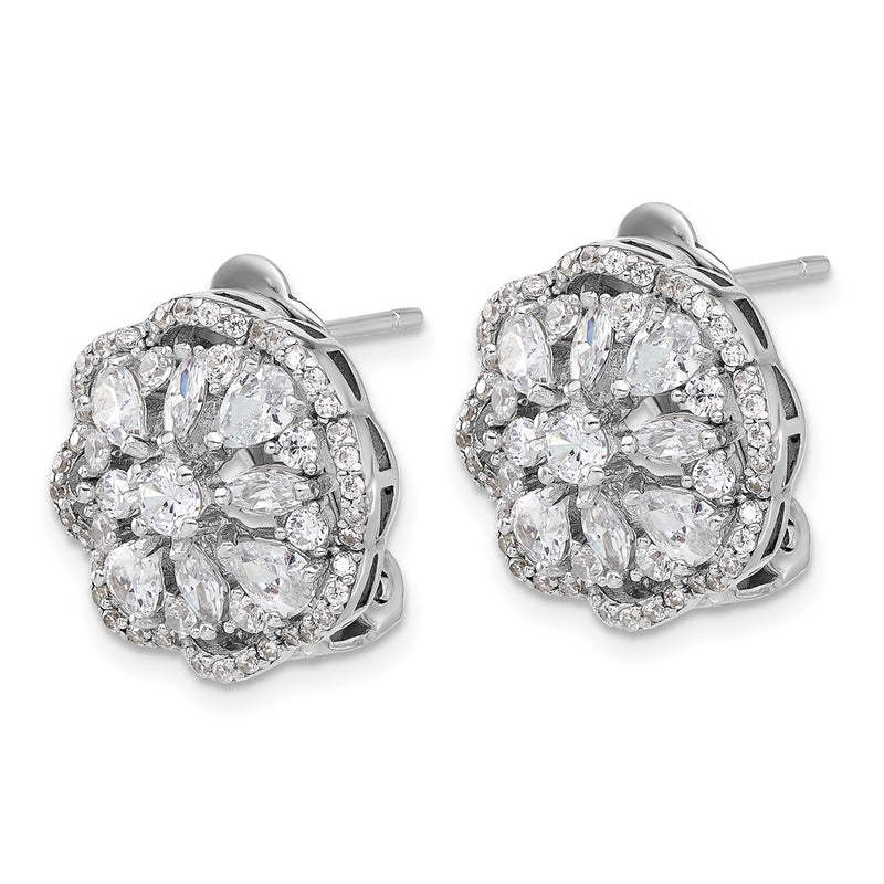 Sterling Silver Cheryl M Rhodium Plated CZ Flower Post Omega Earrings