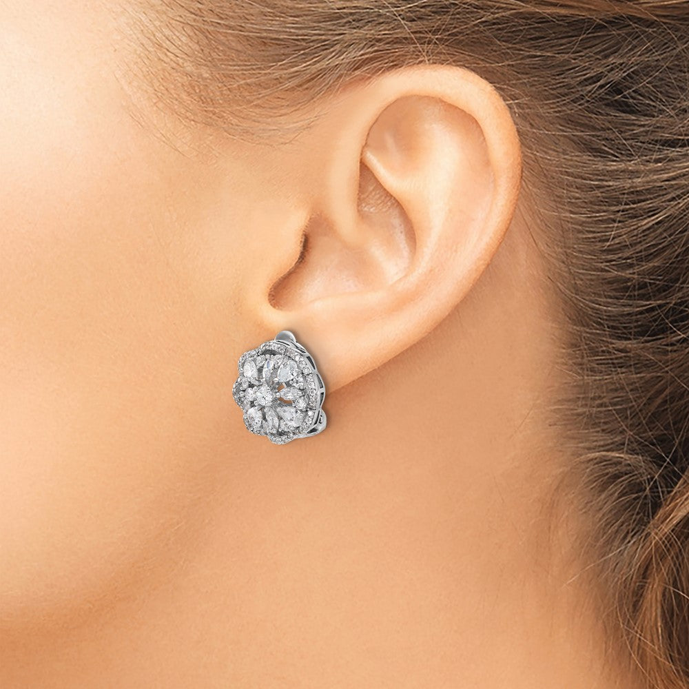 Sterling Silver Cheryl M Rhodium Plated CZ Flower Post Omega Earrings