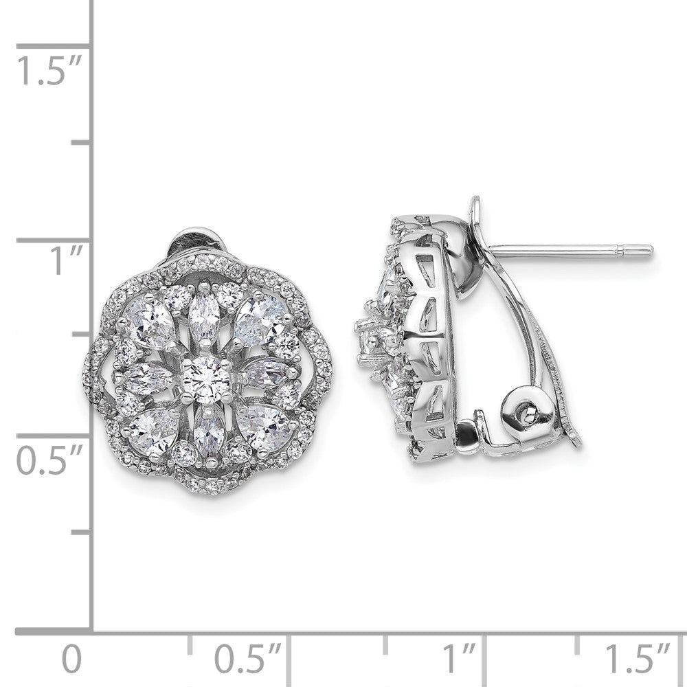 Sterling Silver Cheryl M Rhodium Plated CZ Flower Post Omega Earrings
