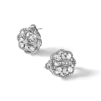 Sterling Silver Cheryl M Rhodium Plated CZ Flower Post Omega Earrings