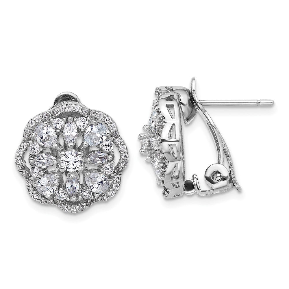 Sterling Silver Cheryl M Rhodium Plated CZ Flower Post Omega Earrings