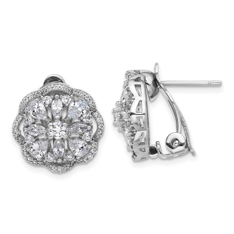 Sterling Silver Cheryl M Rhodium Plated CZ Flower Post Omega Earrings