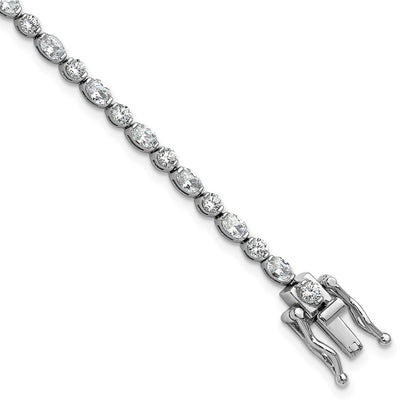 Sterling Silver Cheryl M Rhodium Plated Polished Round & Oval CZ Tennis Bracelet