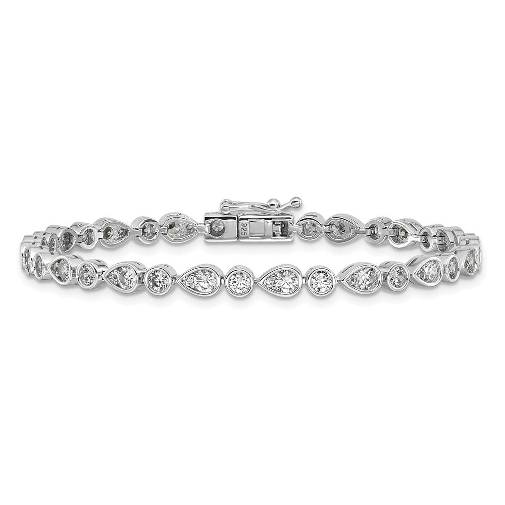 Sterling Silver Cheryl M Rhodium Plated Polished Bezel Set Round & Pear CZ Bracelet