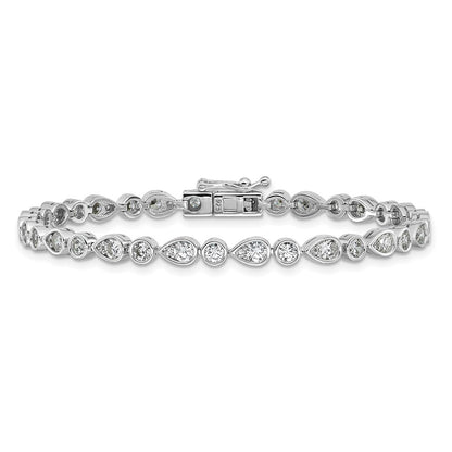 Sterling Silver Cheryl M Rhodium Plated Polished Bezel Set Round & Pear CZ Bracelet