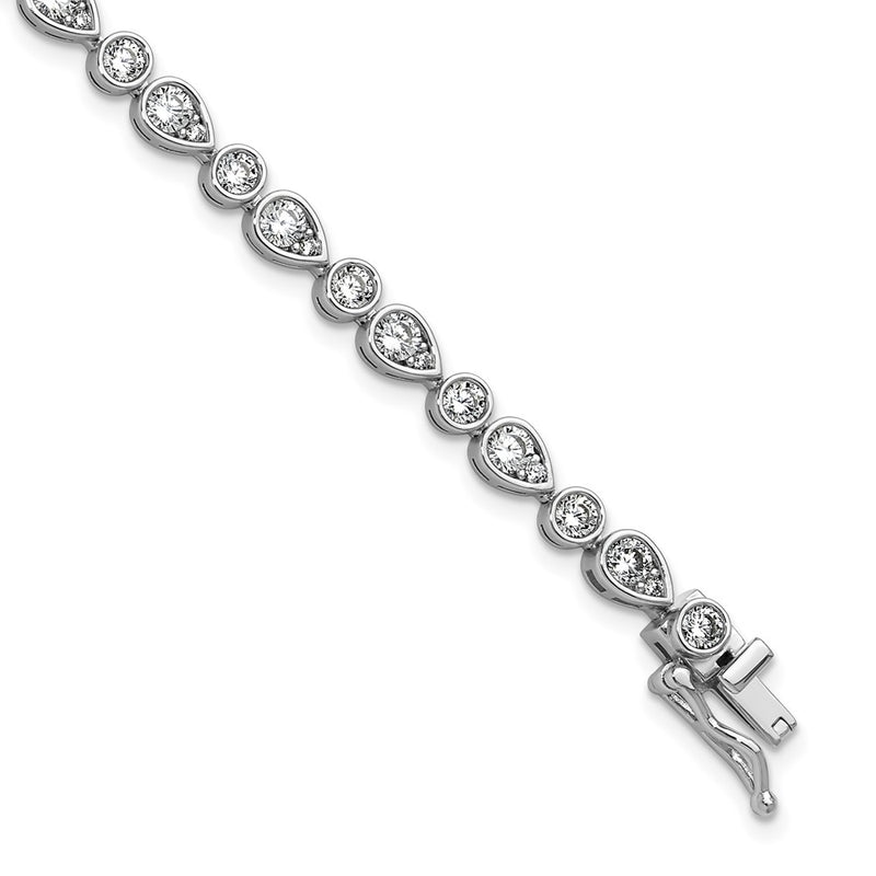 Sterling Silver Cheryl M Rhodium Plated Polished Bezel Set Round & Pear CZ Bracelet
