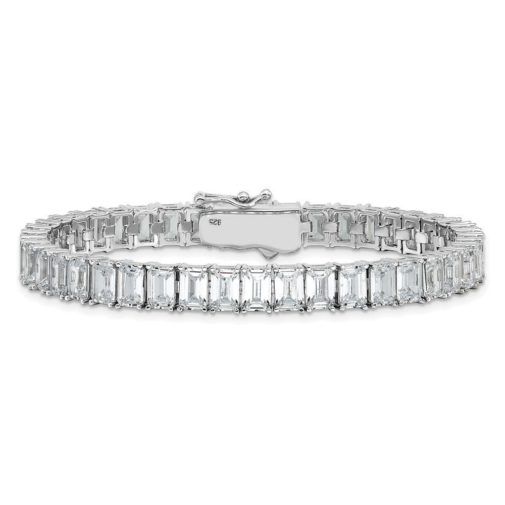 Sterling Silver Cheryl M Rhodium Plated Polished Emerald-Cut CZ Tennis Bracelet