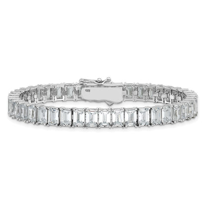 Sterling Silver Cheryl M Rhodium Plated Polished Emerald-Cut CZ Tennis Bracelet