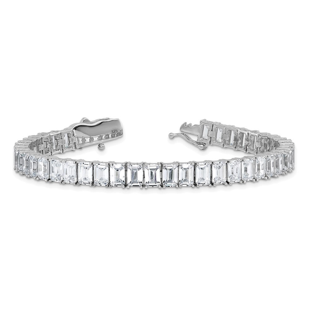 Sterling Silver Cheryl M Rhodium Plated Polished Emerald-Cut CZ Tennis Bracelet