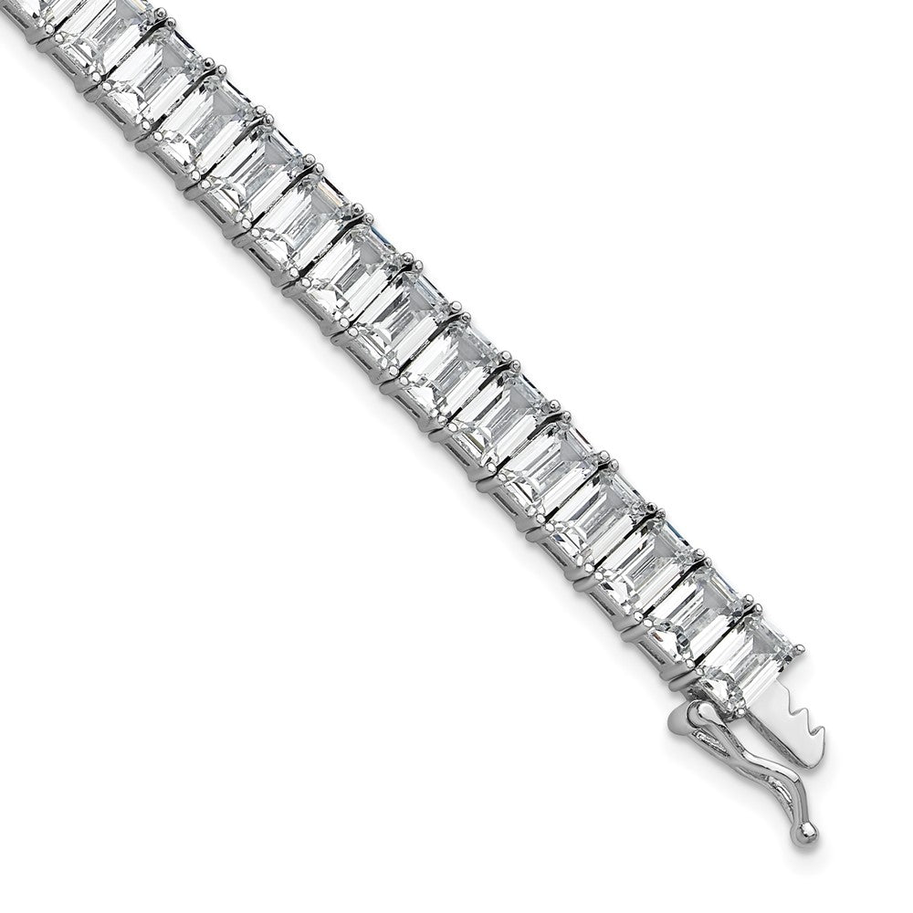 Sterling Silver Cheryl M Rhodium Plated Polished Emerald-Cut CZ Tennis Bracelet