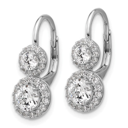 Sterling Silver Cheryl M Rhodium Plated Double Round CZ Halo Leverback Earrings