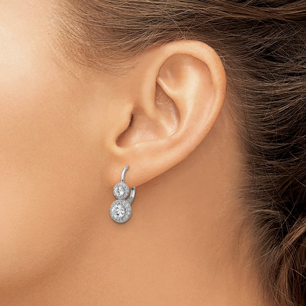 Sterling Silver Cheryl M Rhodium Plated Double Round CZ Halo Leverback Earrings
