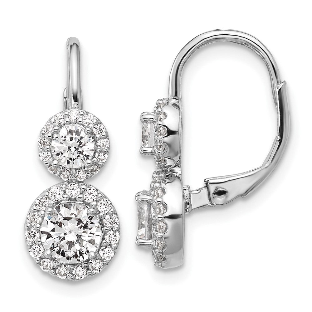 Sterling Silver Cheryl M Rhodium Plated Double Round CZ Halo Leverback Earrings