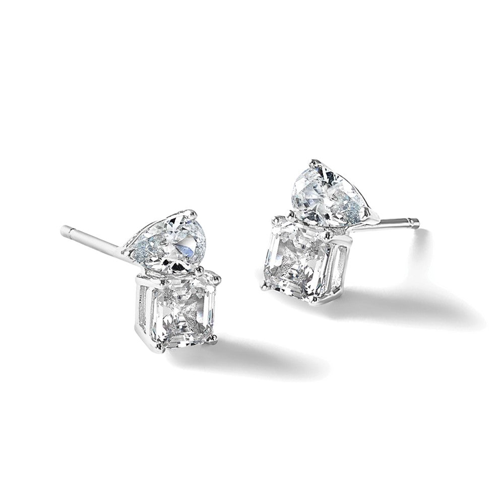 Sterling Silver Cheryl M Rhodium Plated Polished Pear & Square CZ Post Earrings