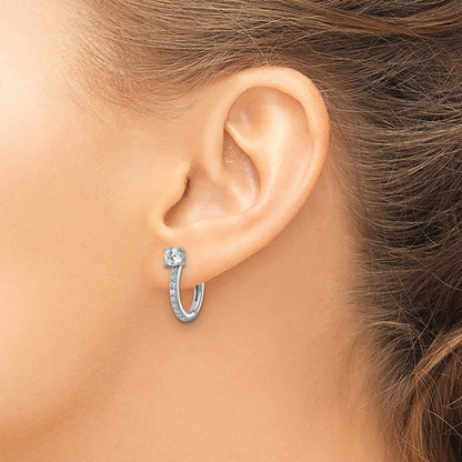 Sterling Silver Cheryl M Rhodium Plated Polished CZ Hinged Round Hoop Earrings