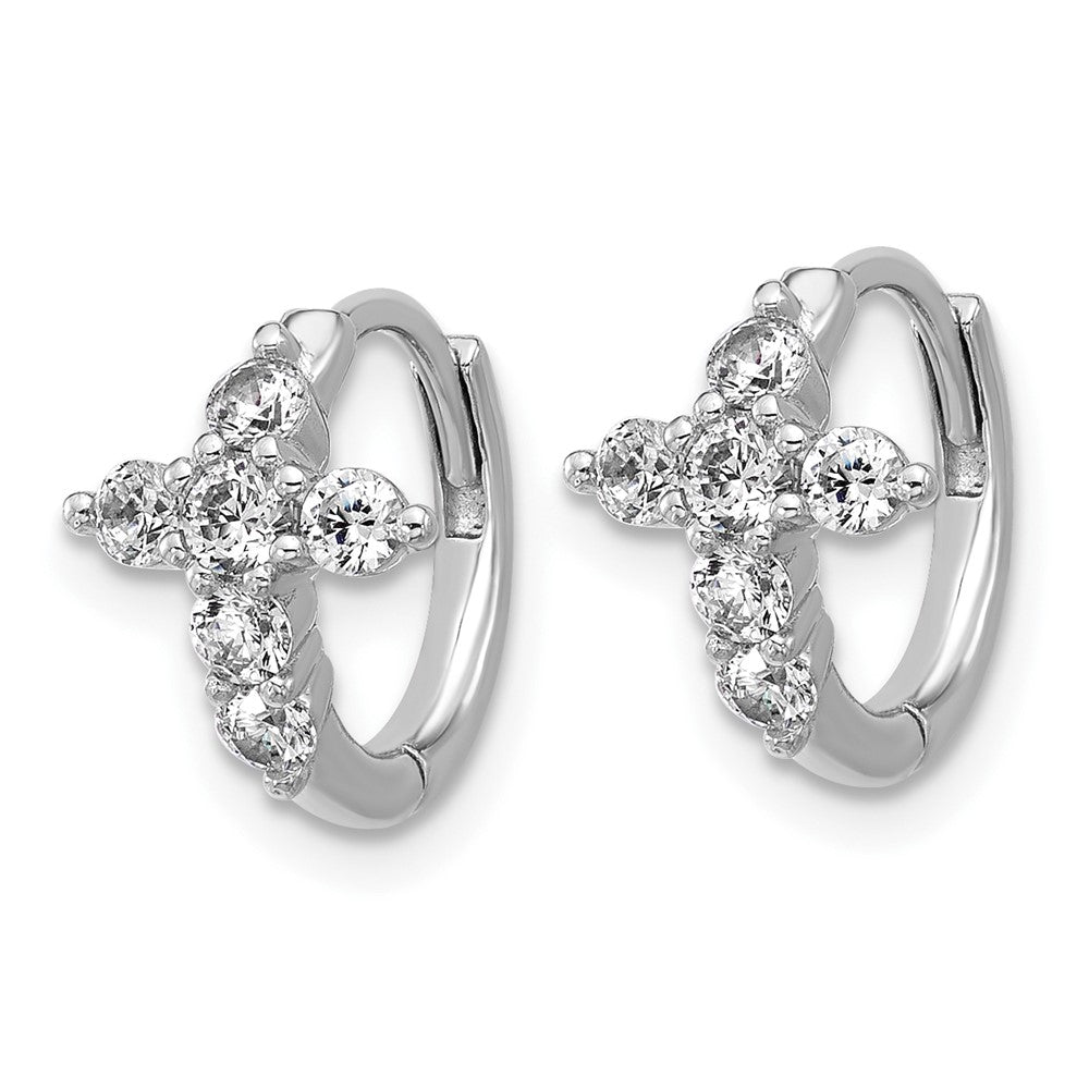 Sterling Silver Cheryl M Rh-Pltd Polished CZ Cross Hinged Round Hoop Earrings