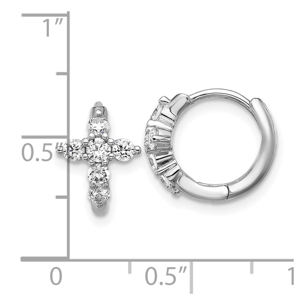 Sterling Silver Cheryl M Rh-Pltd Polished CZ Cross Hinged Round Hoop Earrings