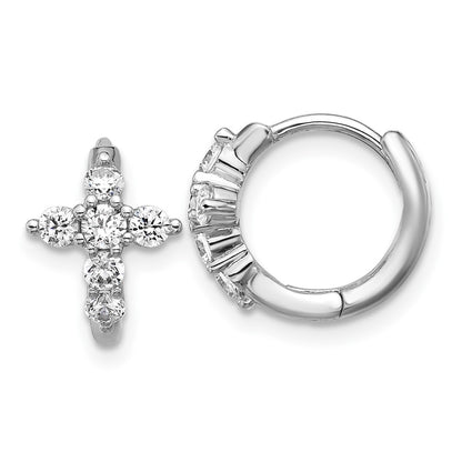 Sterling Silver Cheryl M Rh-Pltd Polished CZ Cross Hinged Round Hoop Earrings
