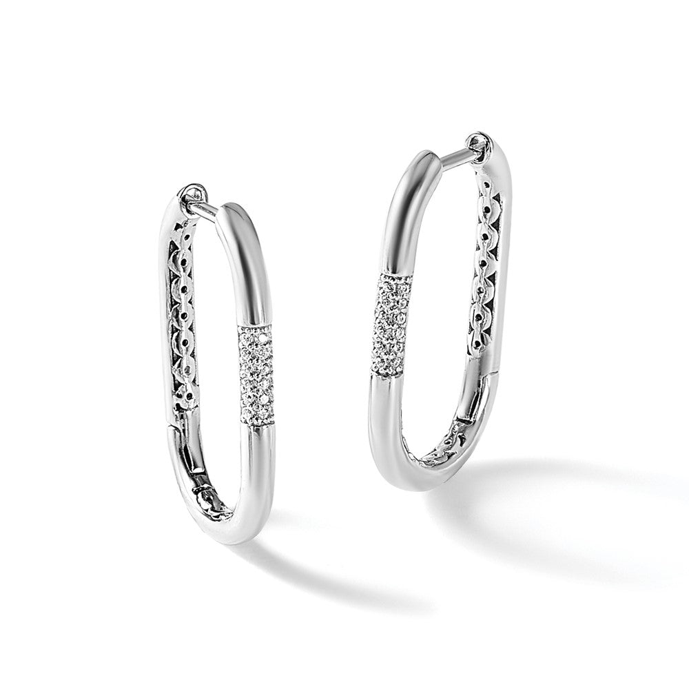 Sterling Silver Cheryl M Rhodium-Plated Polished CZ Oval Hinged Hoop Earrings