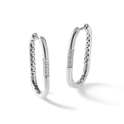 Sterling Silver Cheryl M Rhodium-Plated Polished CZ Oval Hinged Hoop Earrings