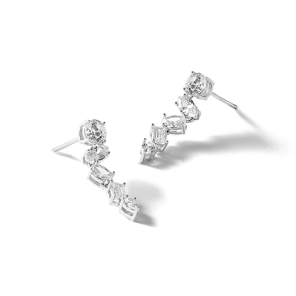 Sterling Silver Cheryl M Rhodium Plated Fancy Multi-Cut CZ Post Dangle Earrings