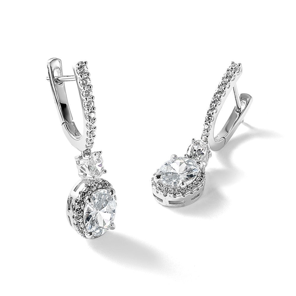 Sterling Silver Cheryl M Rh-Pltd Fancy Oval CZ Halo Hinged Dangle Earrings