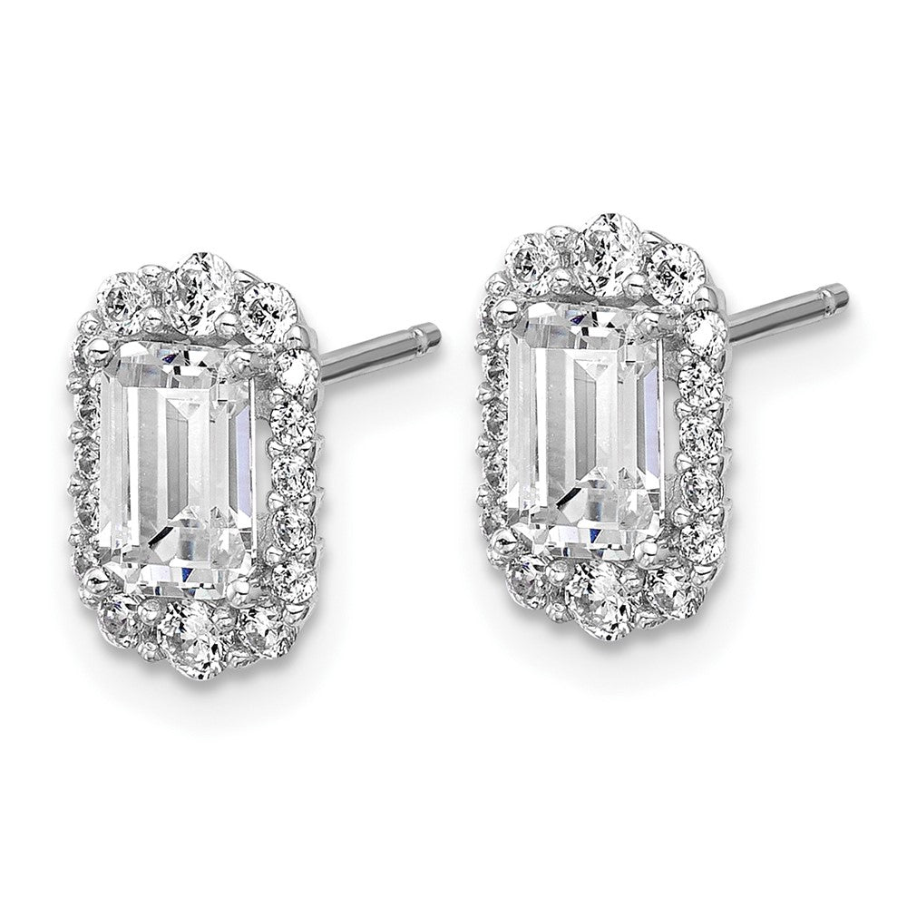 Sterling Silver Cheryl M Rhodium Plated Emerald-Cut CZ Halo Post Earrings