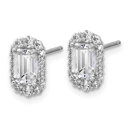 Sterling Silver Cheryl M Rhodium Plated Emerald-Cut CZ Halo Post Earrings