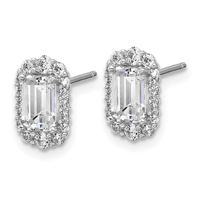 Sterling Silver Cheryl M Rhodium Plated Emerald-Cut CZ Halo Post Earrings