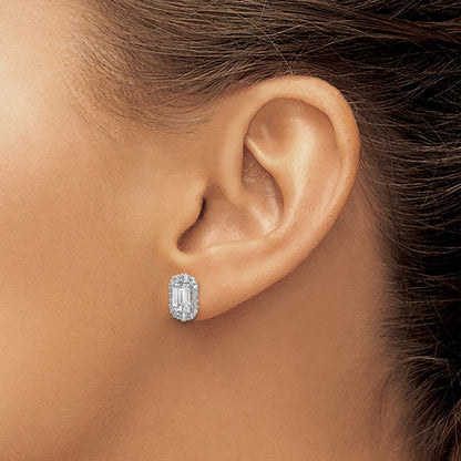 Sterling Silver Cheryl M Rhodium Plated Emerald-Cut CZ Halo Post Earrings