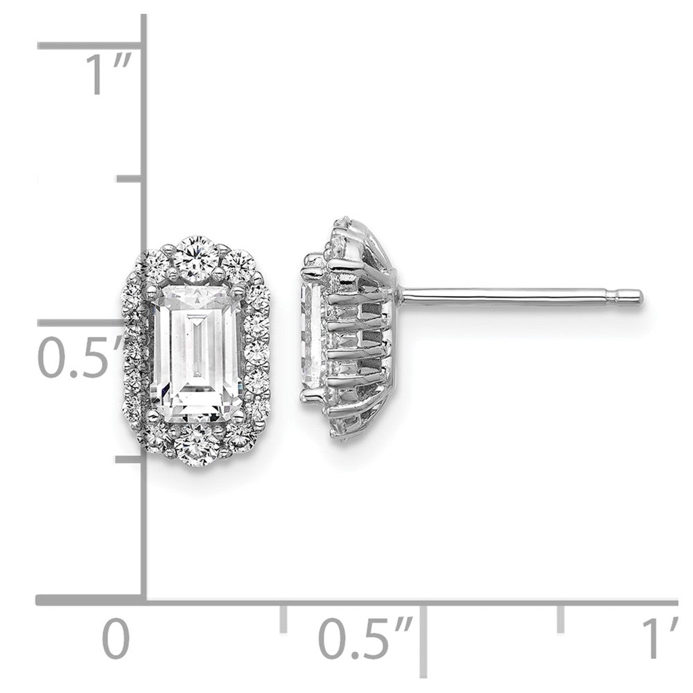 Sterling Silver Cheryl M Rhodium Plated Emerald-Cut CZ Halo Post Earrings