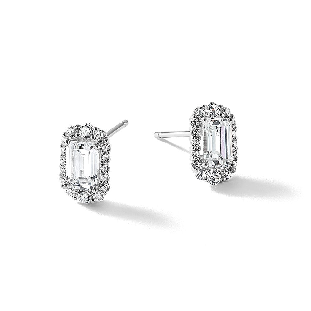 Sterling Silver Cheryl M Rhodium Plated Emerald-Cut CZ Halo Post Earrings