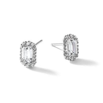 Sterling Silver Cheryl M Rhodium Plated Emerald-Cut CZ Halo Post Earrings