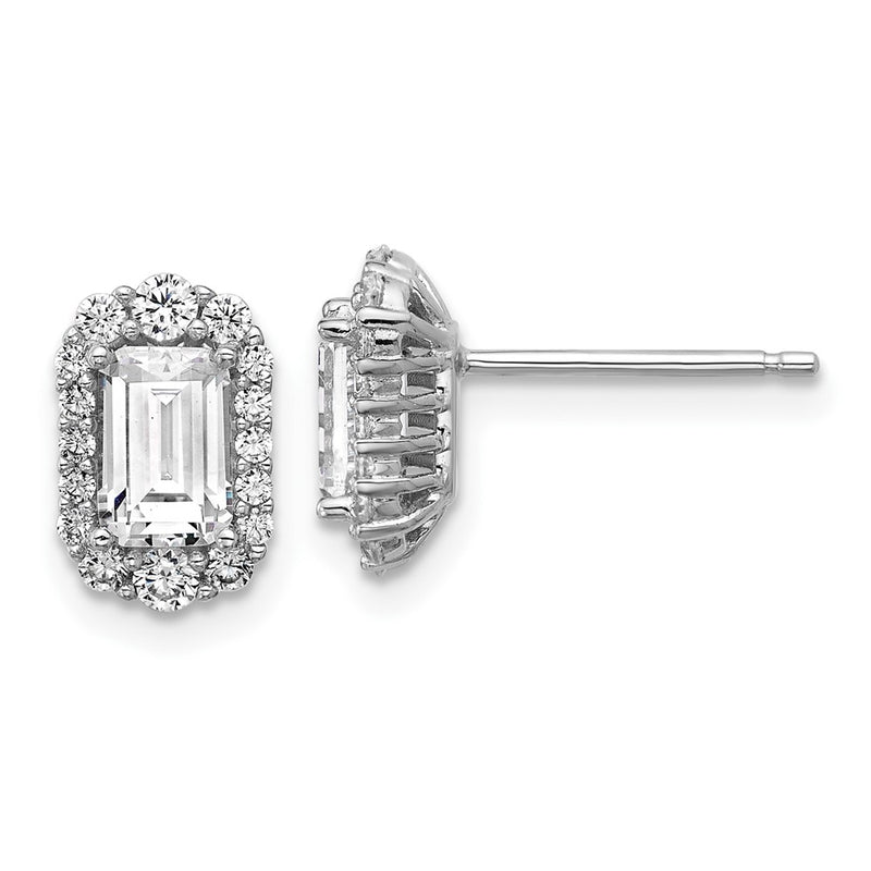 Sterling Silver Cheryl M Rhodium Plated Emerald-Cut CZ Halo Post Earrings