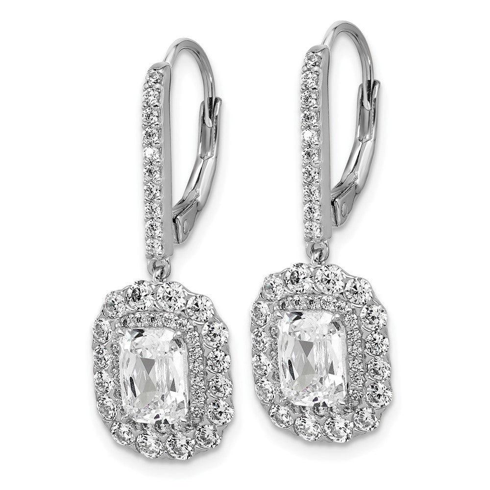 Sterling Silver Cheryl M Rh-Pltd Emerald-Cut CZ Halo Dangle Leverback Earrings