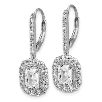 Sterling Silver Cheryl M Rh-Pltd Emerald-Cut CZ Halo Dangle Leverback Earrings