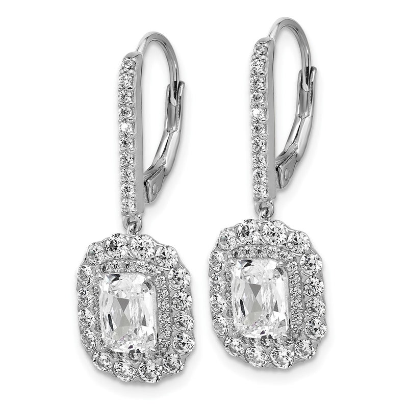 Sterling Silver Cheryl M Rh-Pltd Emerald-Cut CZ Halo Dangle Leverback Earrings
