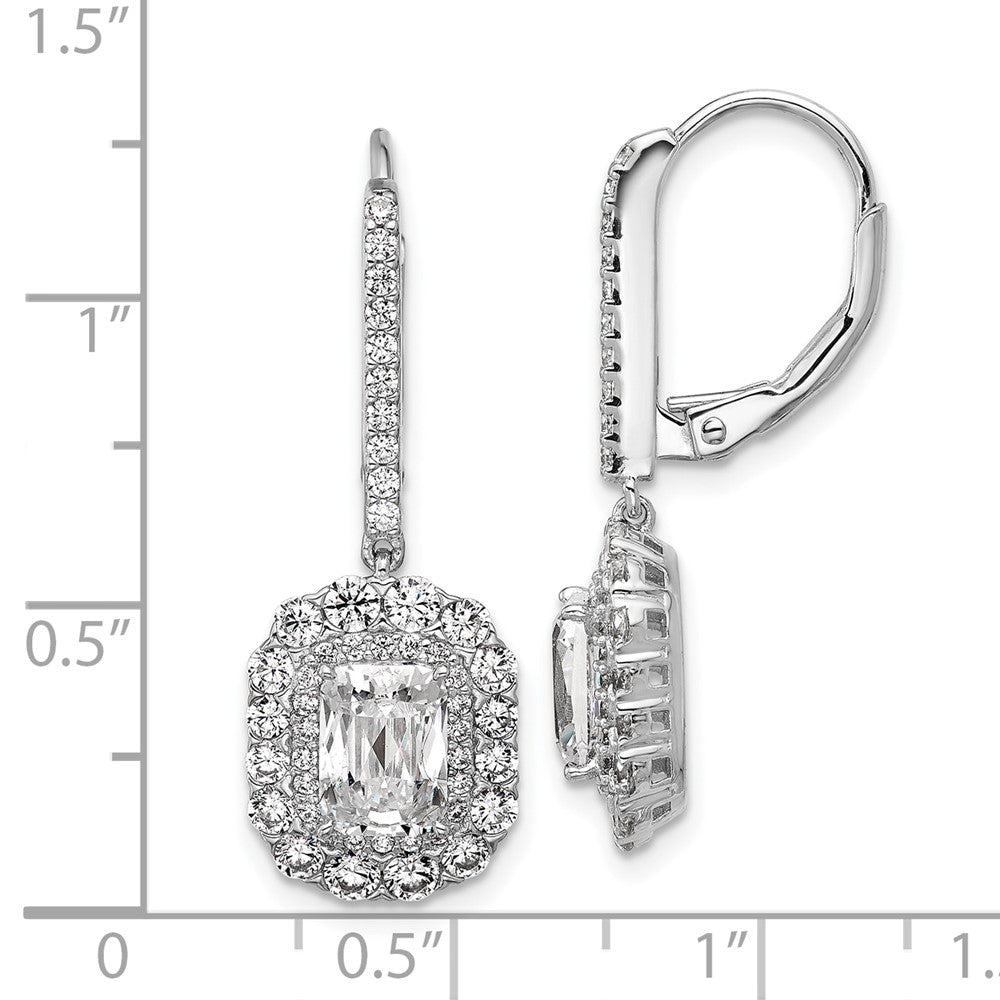Sterling Silver Cheryl M Rh-Pltd Emerald-Cut CZ Halo Dangle Leverback Earrings