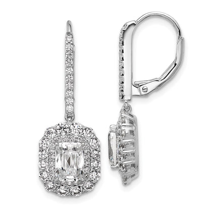 Sterling Silver Cheryl M Rh-Pltd Emerald-Cut CZ Halo Dangle Leverback Earrings