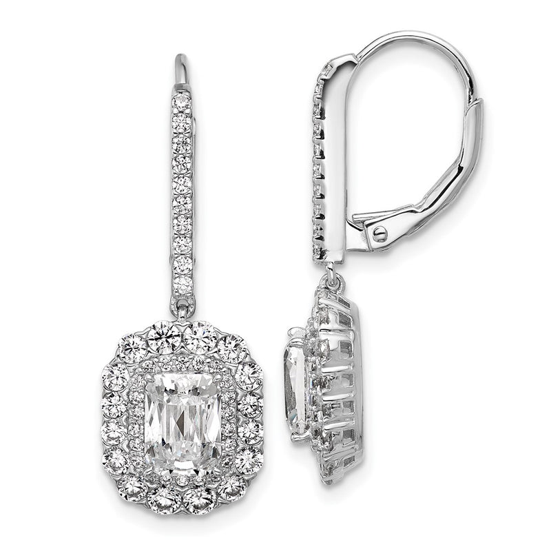 Sterling Silver Cheryl M Rh-Pltd Emerald-Cut CZ Halo Dangle Leverback Earrings