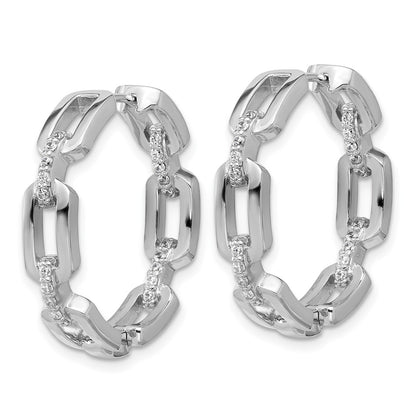 Sterling Silver Cheryl M Rh-Pltd CZ Link In/out Hinged Round Hoop Earrings