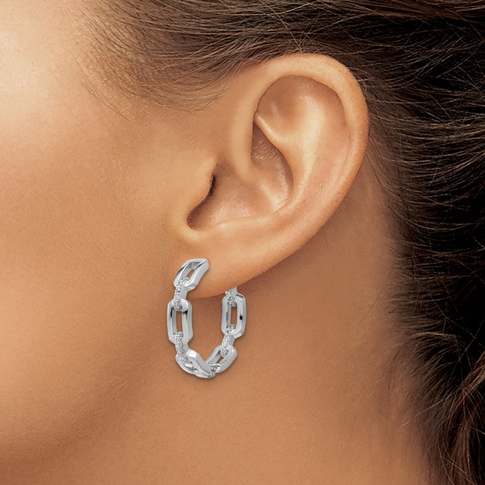 Sterling Silver Cheryl M Rh-Pltd CZ Link In/out Hinged Round Hoop Earrings