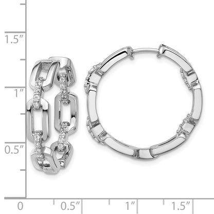 Sterling Silver Cheryl M Rh-Pltd CZ Link In/out Hinged Round Hoop Earrings